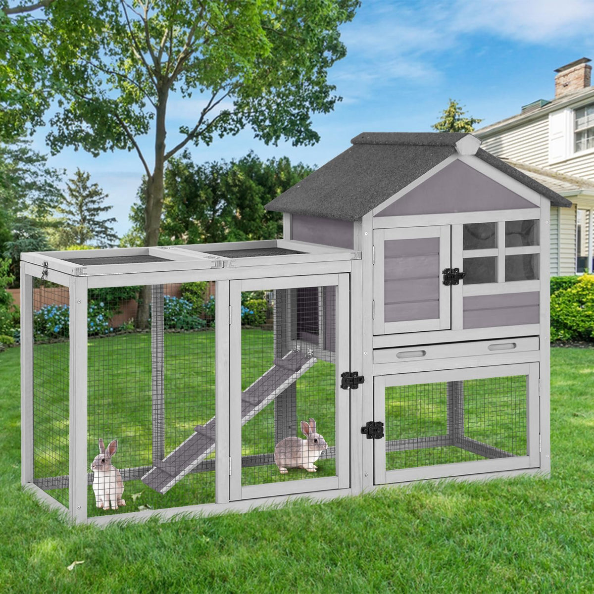 GUTINNEEN 2-Story Rabbit Hutch with Chew-Proof Full Metal Frame for Indoor/Outdoor - 62" Bunny Cage with 6 Locking Casters & 2 Pull-Out Trays for Rabbits, Guinea Pigs, Small Pets (Brown)