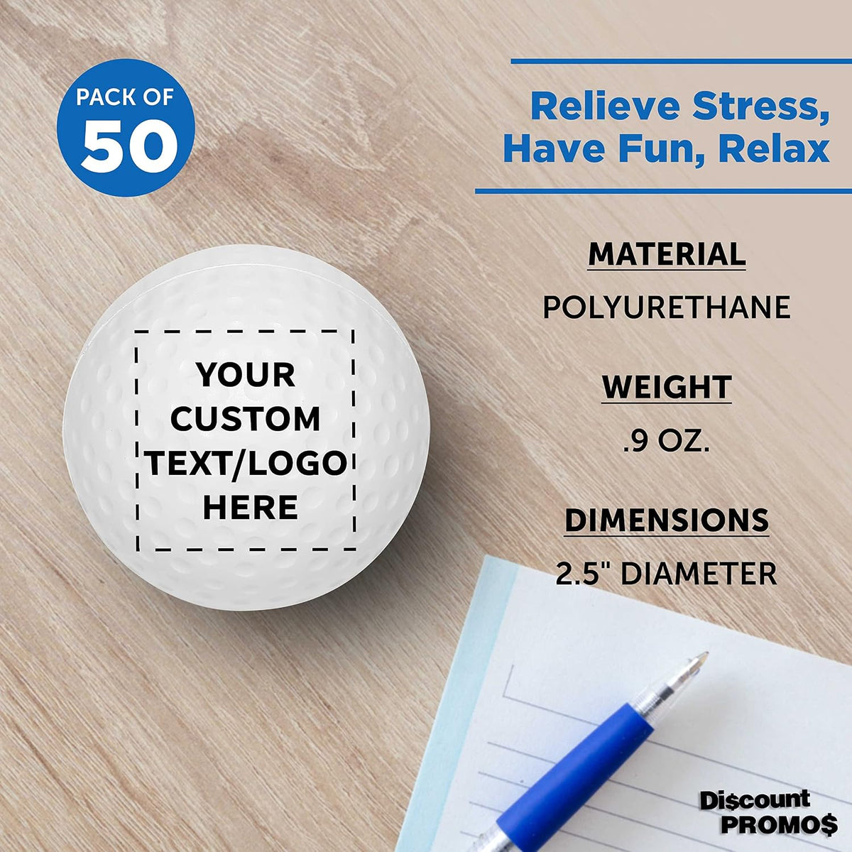 DISCOUNT PROMOS Custom Golf Shaped Squeeze Balls Set of 50, Personalized Bulk Pack - Perfect for Promotional Giveaways - White