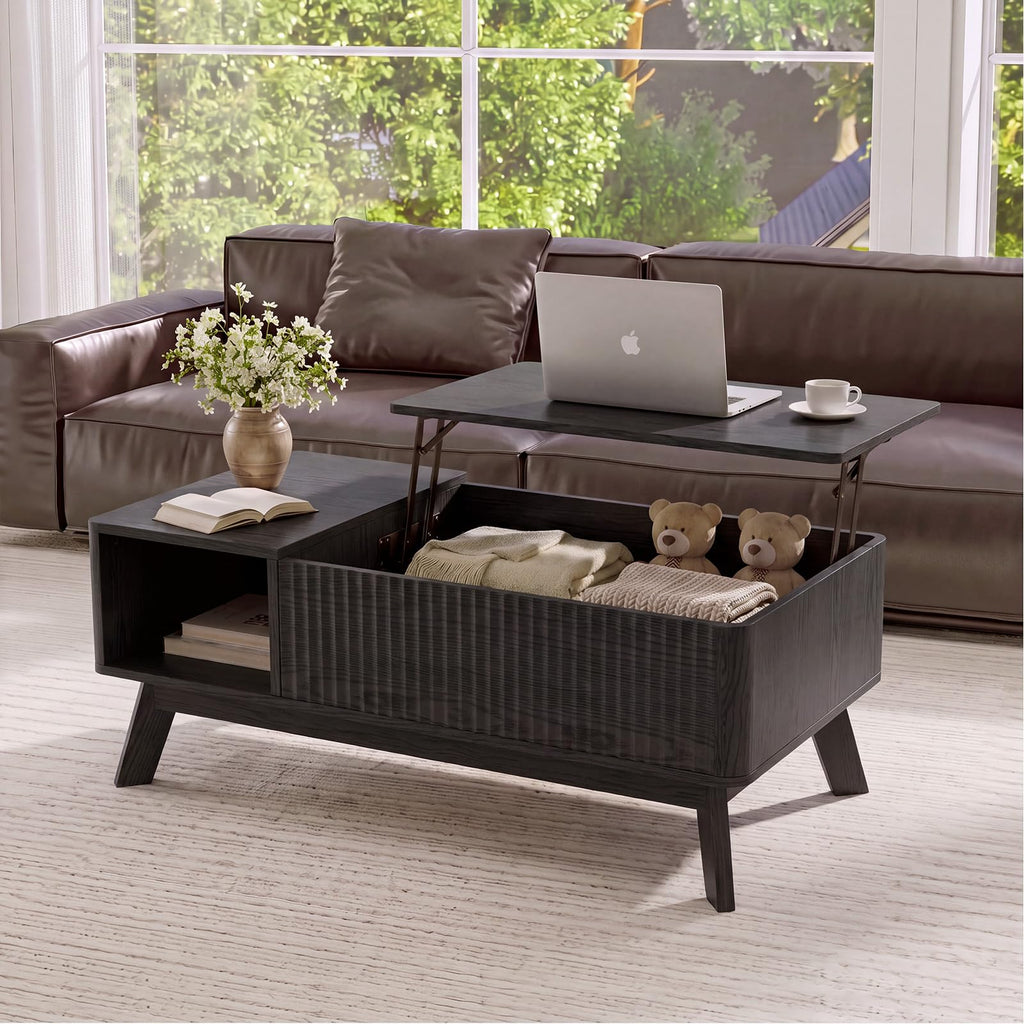Lift Top Coffee Table, Fluted Hidden Storage Table for Living Room, Walnut