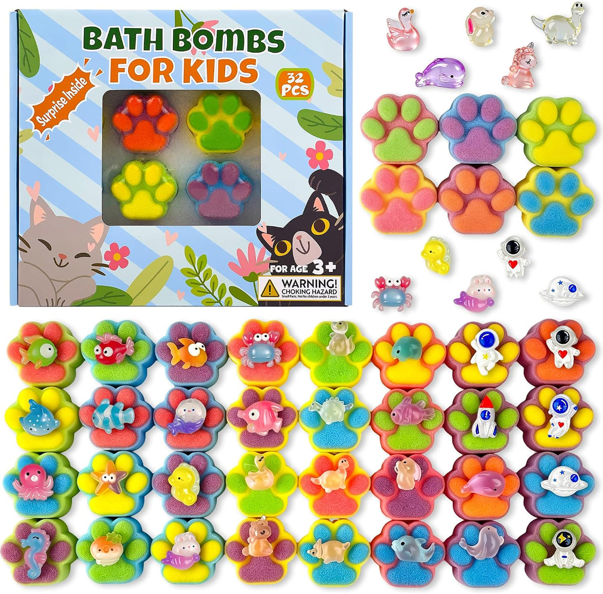 Bath Bombs for Kids with Surprise Inside, 32 Pack Paw Bath Bombs with Toy, Ocean Animals and Space Planet Toys SPA Fizzy Handmade Natural Bath Bomb Gift Set at Christmas, Birthday
