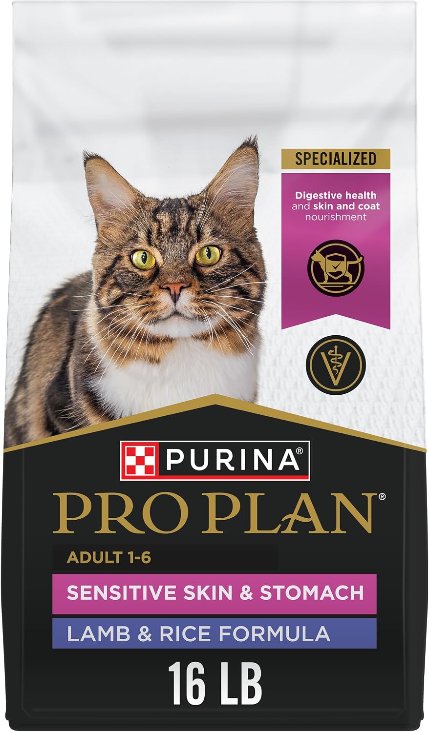 Purina Pro Plan Sensitive Skin & Stomach Dry Cat Food, Real Lamb, 16 lb Bag