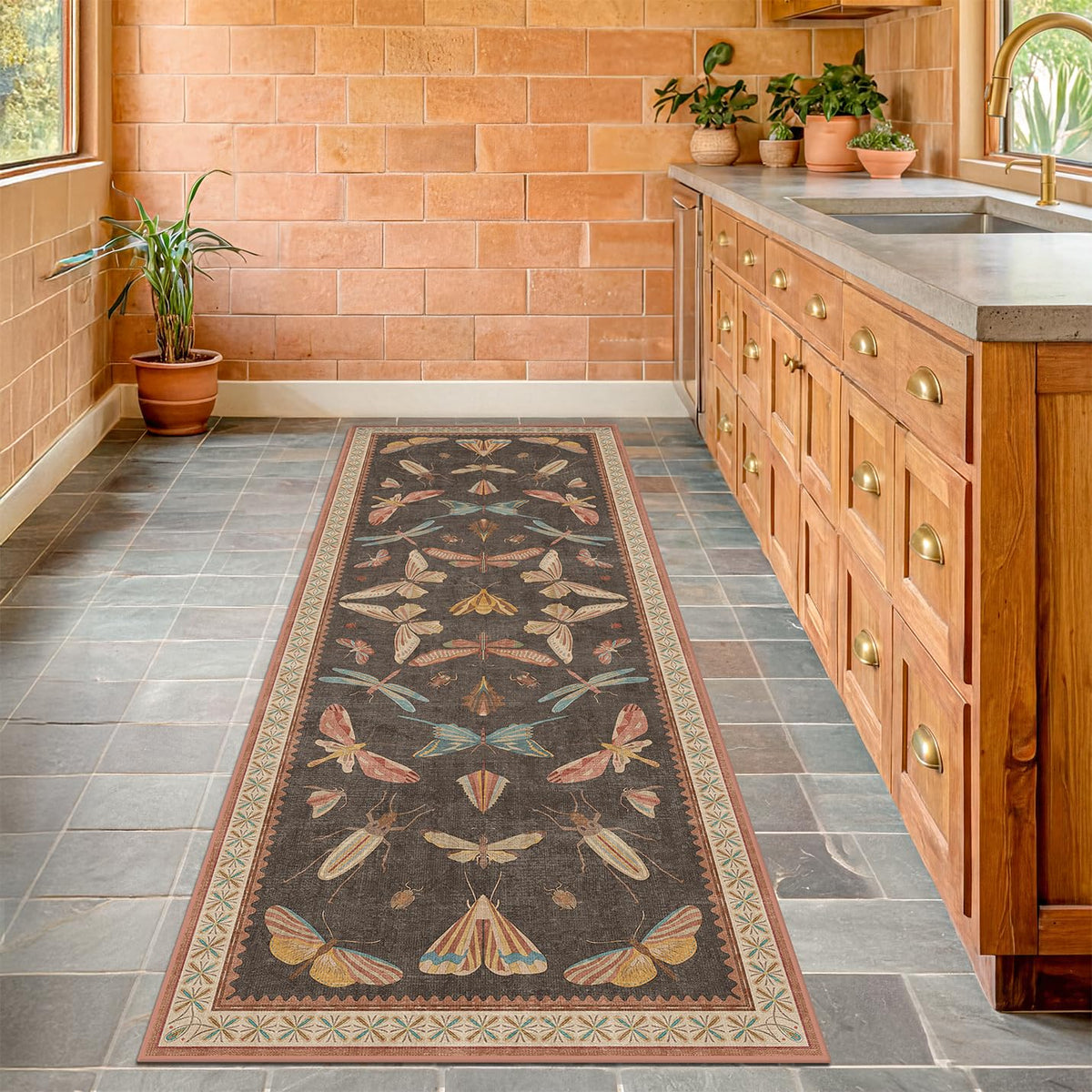 Hazo Haus Dark Green Insect Area Rugs 8x10 for Living Room, Dining Room Under Table, Bedroom, Unique Washable Floral Non Slip Low Pile Soft Rug