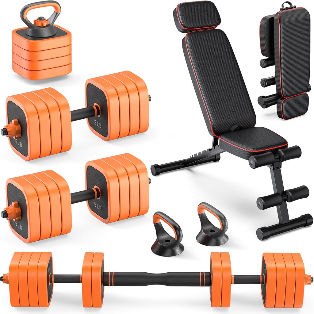 Rendpas 4-in-1 Adjustable Dumbbell Set with Foldable Bench for Home Gym