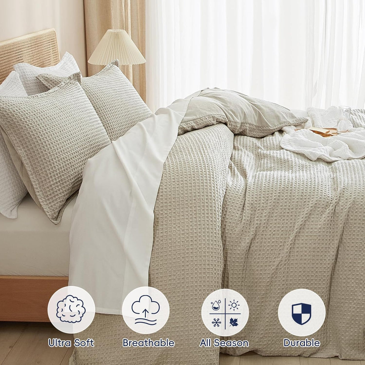 PHF Waffle Duvet Cover California King, Soft & Breathable, 104"x98", Linen