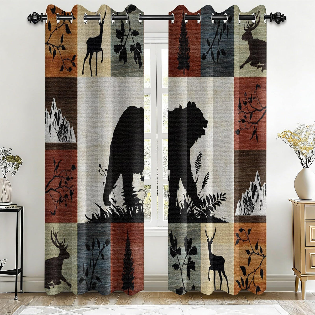 Rustic Woodland Blackout Curtains 108 Inch Long 2 Panels, Buffalo Plaid Patchwork Wildlife Bear Deer Silhouette Pine Grommet Drapes, Thermal Insulated Window Treatments for Living Room