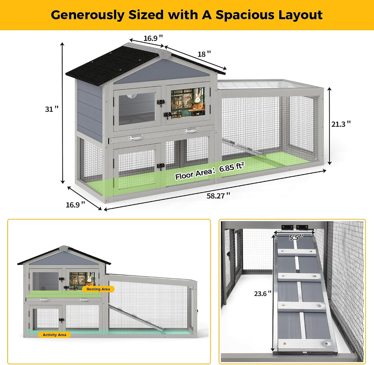 COZIWOW Grey 58.5in Outdoor Wooden Rabbit Hutch, Bunny Cage
