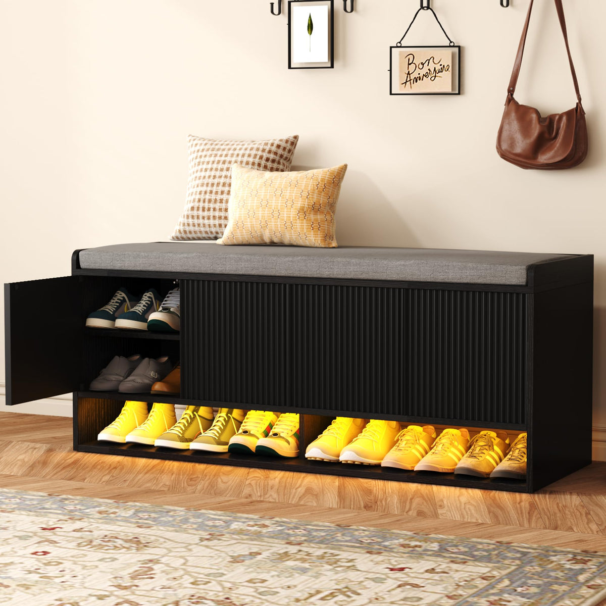 HOMEFORT 47.2" Fluted Shoe Storage Bench, Entryway Bench with Linen Seat Cushion, Shoe Cabinet Bench with Adjustable Shelf and Built-in LED Sensor Light, Bench for Bedroom End of Bed, Natural Oak