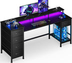 Korfile 47 Inch Gaming Computer Desk with Power Outlets,LED,5 Drawers,Black