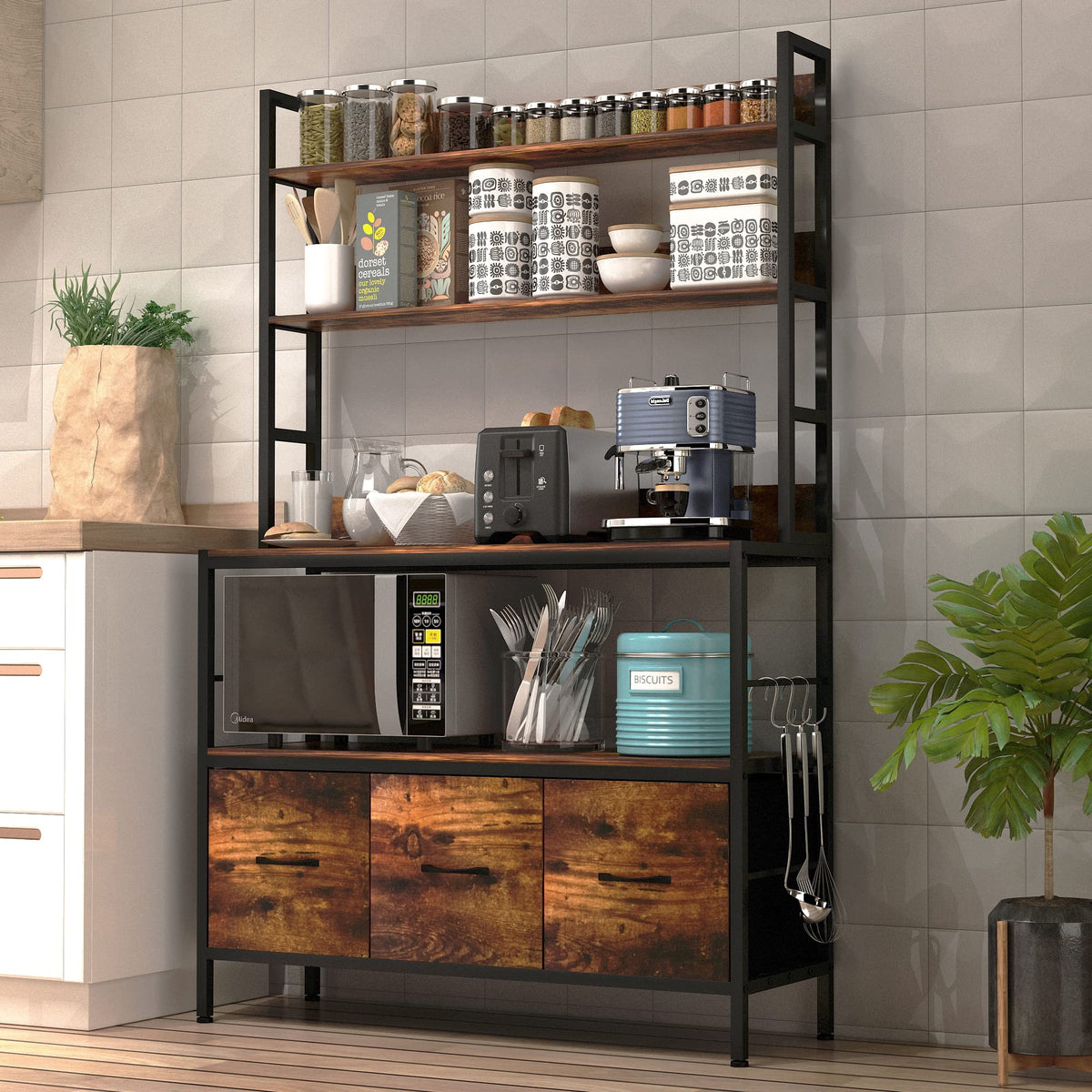 5-Tier Kitchen Bakers Rack with Power Outlet,Industrial Microwave Oven Stand, Utility Storage Shelf,Free Standing Kitchen Utility Cart Storage Shelf Organizer with Hooks