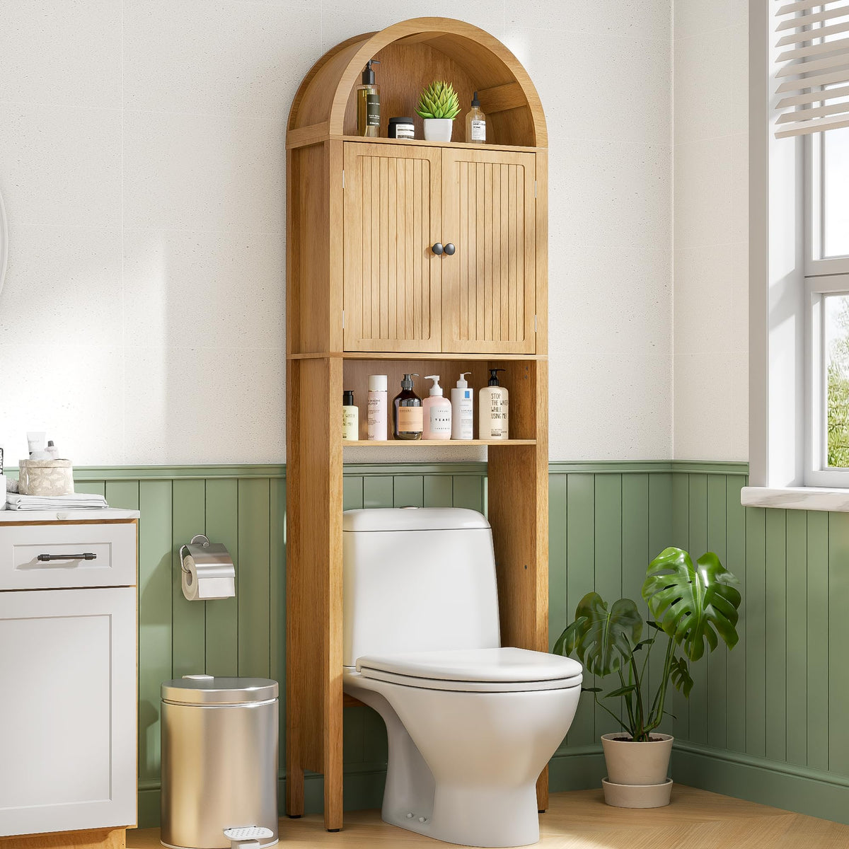 Arched Over The Toilet Storage Cabinet with Fluted Doors, Bathroom Shelf