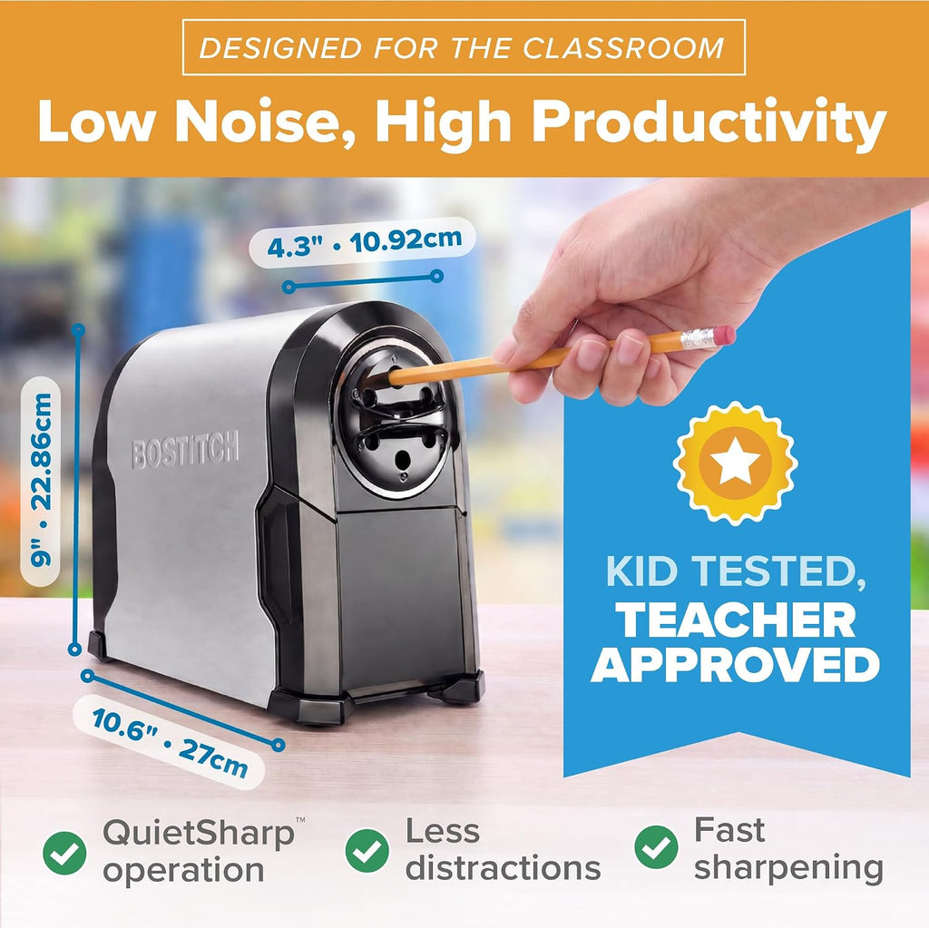 Bostitch Office SuperPro Glow Electric Pencil Sharpener, Sharpens Standard & Colored Pencils, Heavy Duty Commercial Classroom, Replaceable Cutter Cartridge System, 6-Hole, Silver/Black