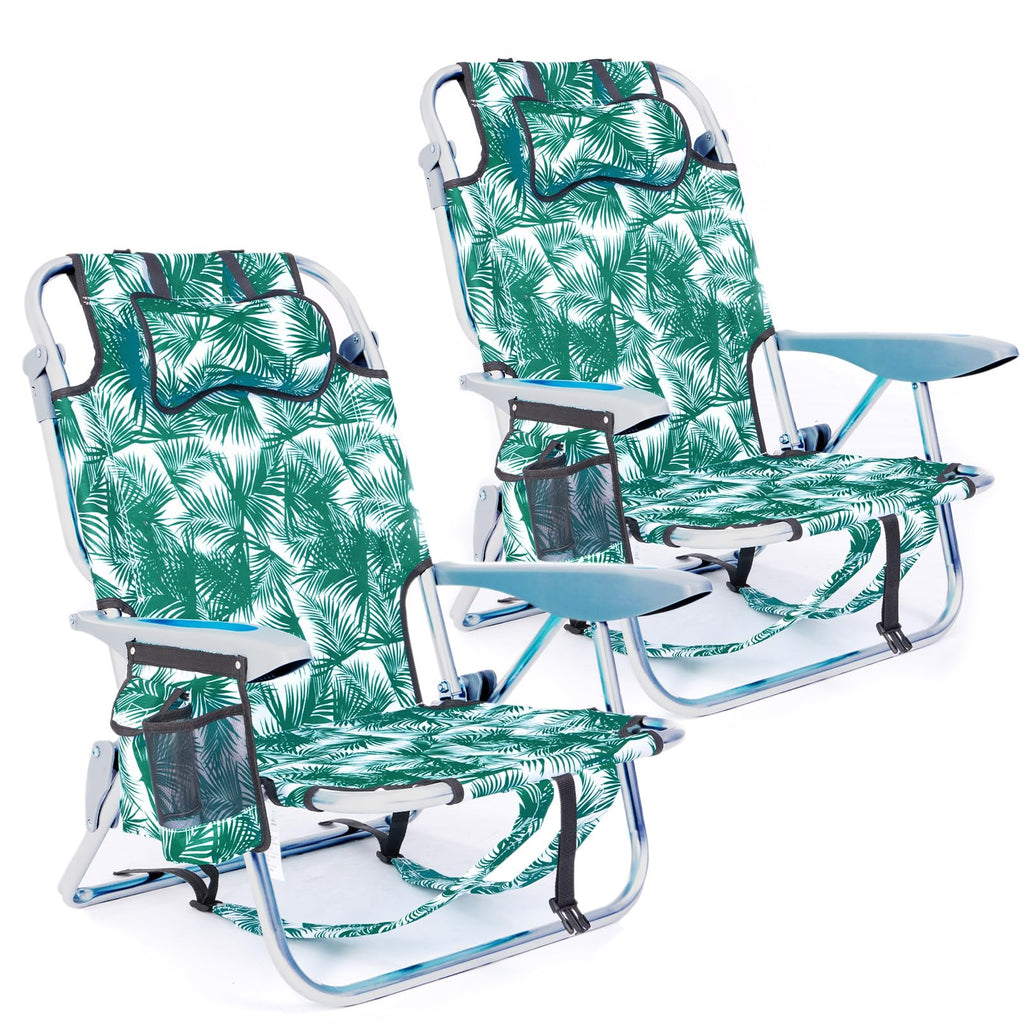 2 Pack Lightweight Portable Camping Beach Chair for Adults, Outdoor Lay Flat Folding Beach Chairs with 5 Positions, Backpack Beach Chair with Towel Bar, Zipper Pouch, Cup Holder, NEW Striped