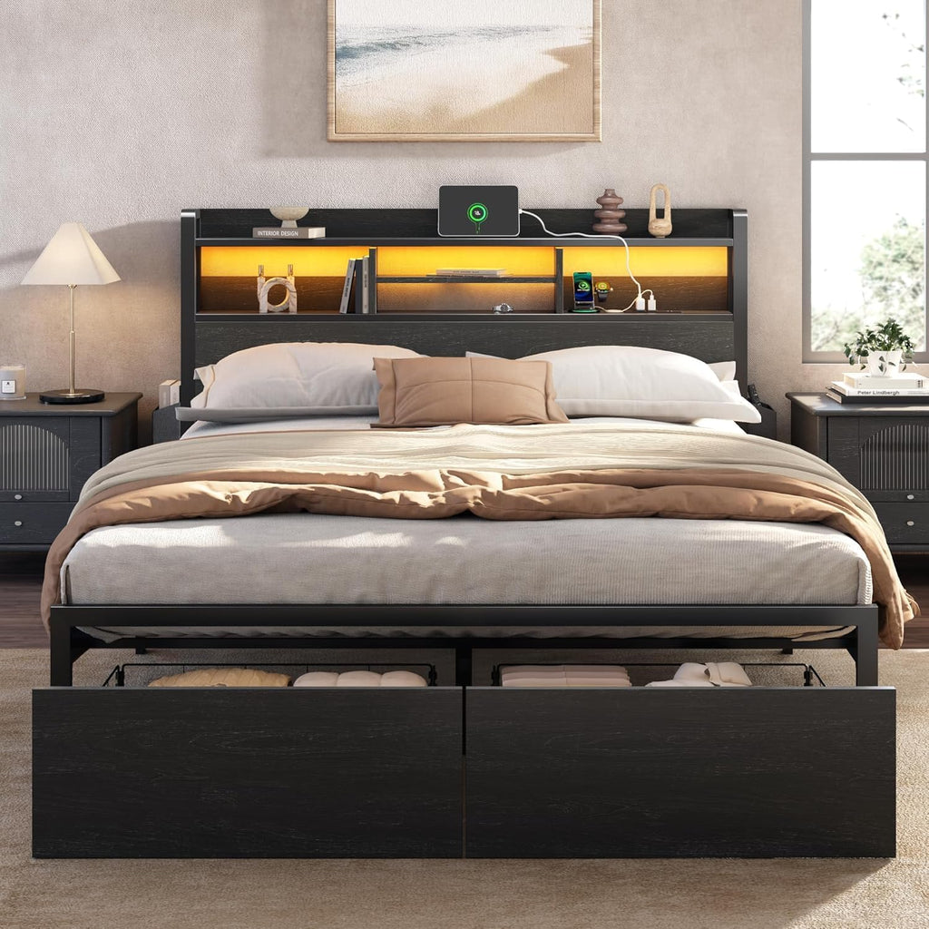 Furnulem Full Size Bed Frame with Headboard and Charging Station,2 Drawers