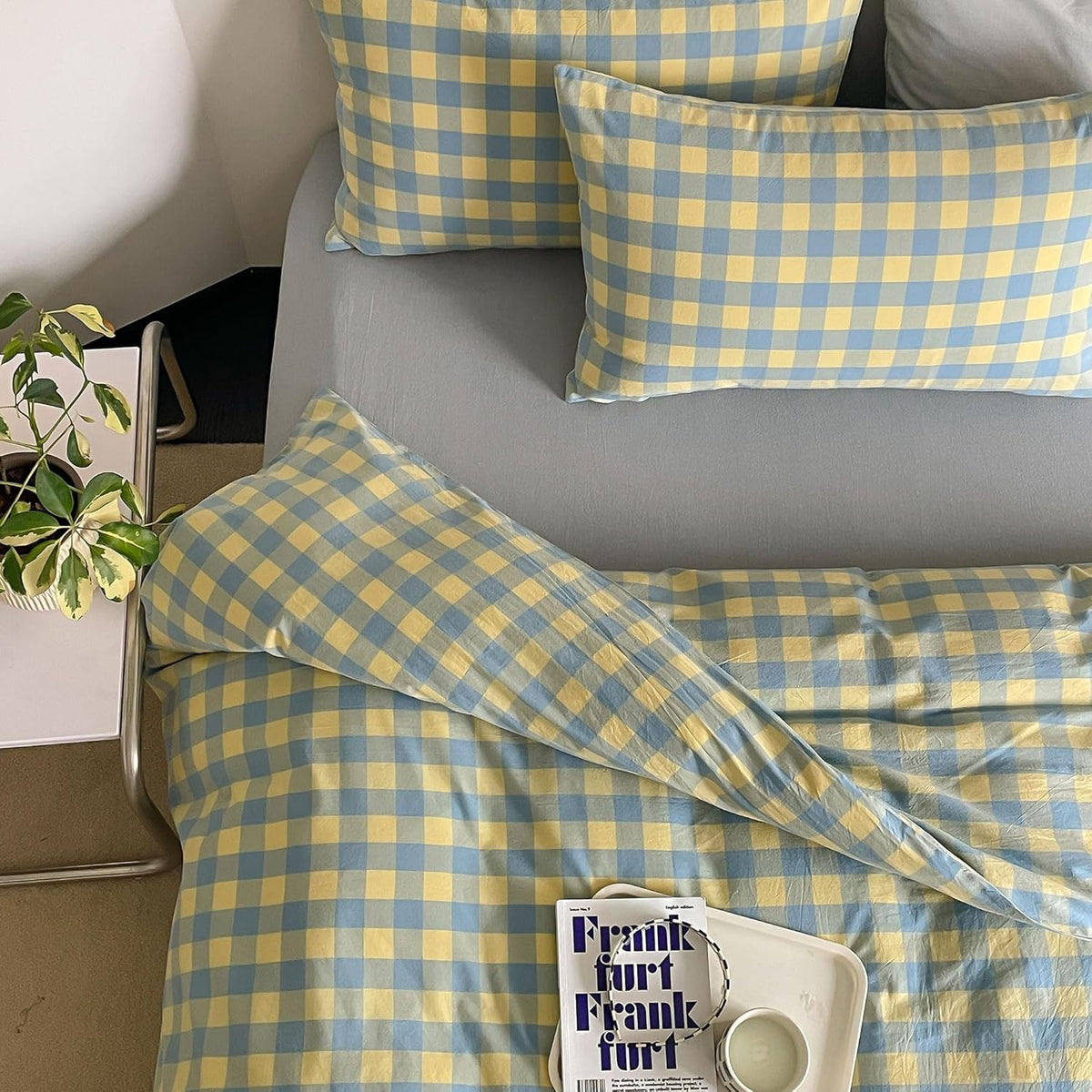 mixinni Vintage Buffalo Plaid Duvet Cover Set Queen Size - 3 Piece Washed Cotton Bedding Set with Grid Pattern, Soft & Breathable Duvet Cover with Pillowcases for All Seasons,(Brown & Blue,Beige)