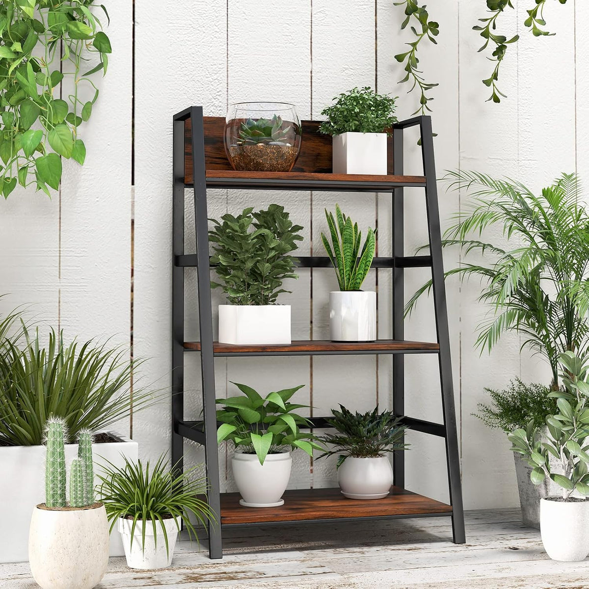 Tangkula 3-Tier Ladder Shelf, Industrial Wood Bookshelf