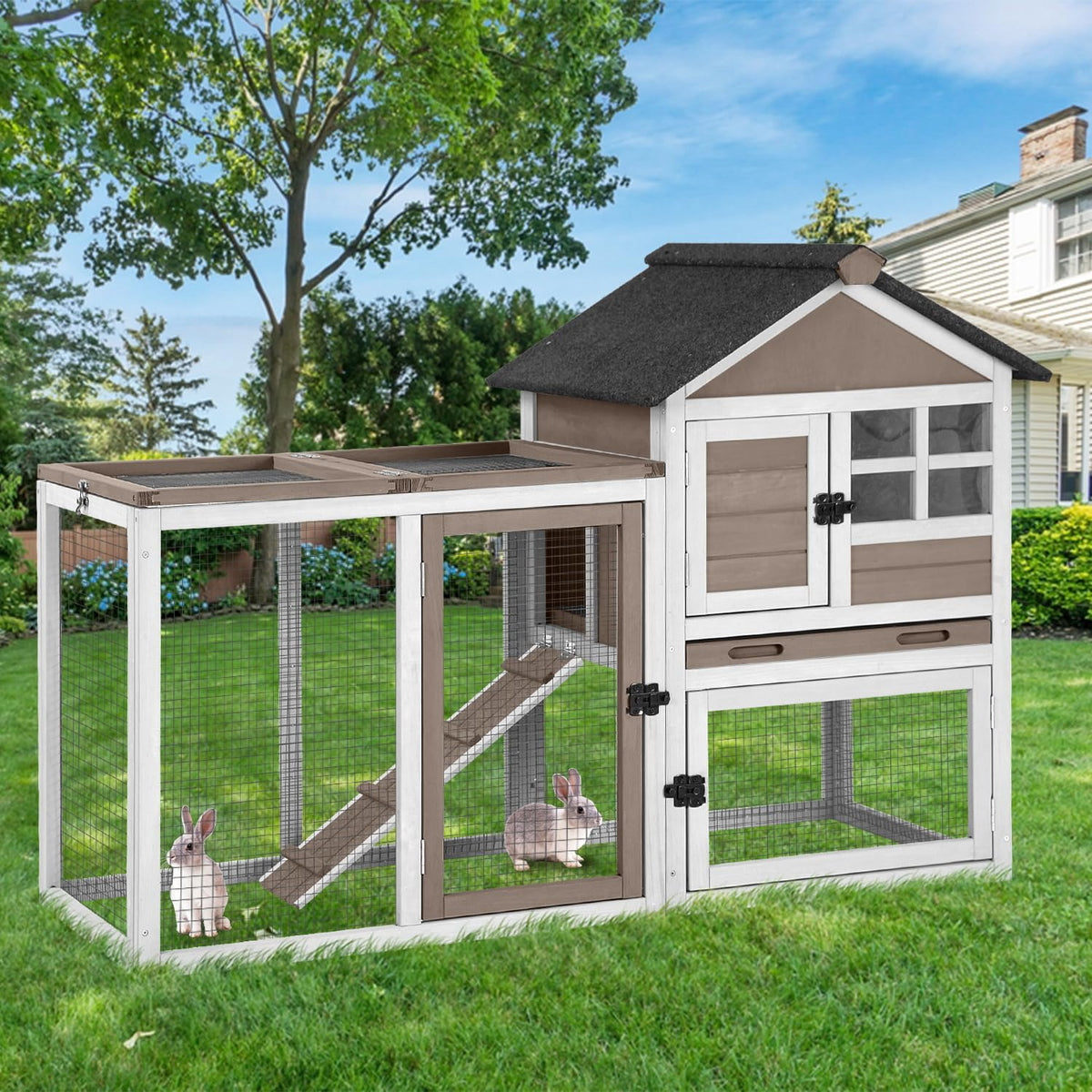 GUTINNEEN Large Rabbit Hutch Indoor with Chew-Proof Ramp, 62" L Wooden Rabbit Cage with 6 Casters, Bunny Cage with 2 Trays and 2 Story for Small to Medium Animals (Grey)