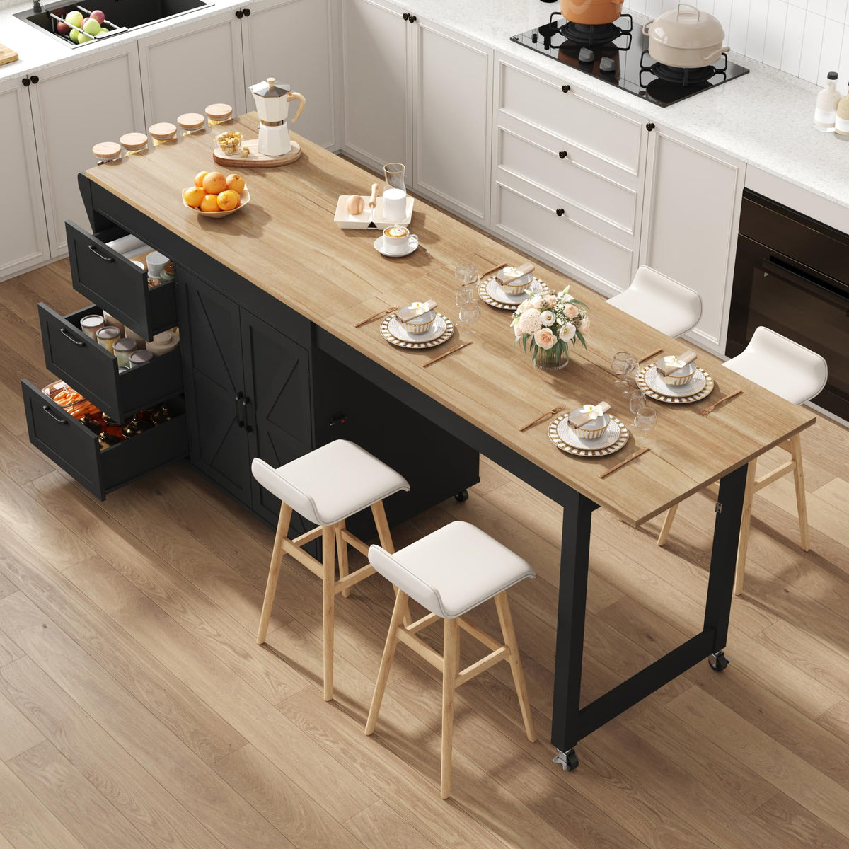 St.Mandyu 47”- 90” Flip-Top Kitchen Island with Extendable Dining Table, Mobile Rolling Storage Kitchen Cart with 3 Drawers & Spice Rack, Multi-Functional Bar Island Table Seats 2-4, White