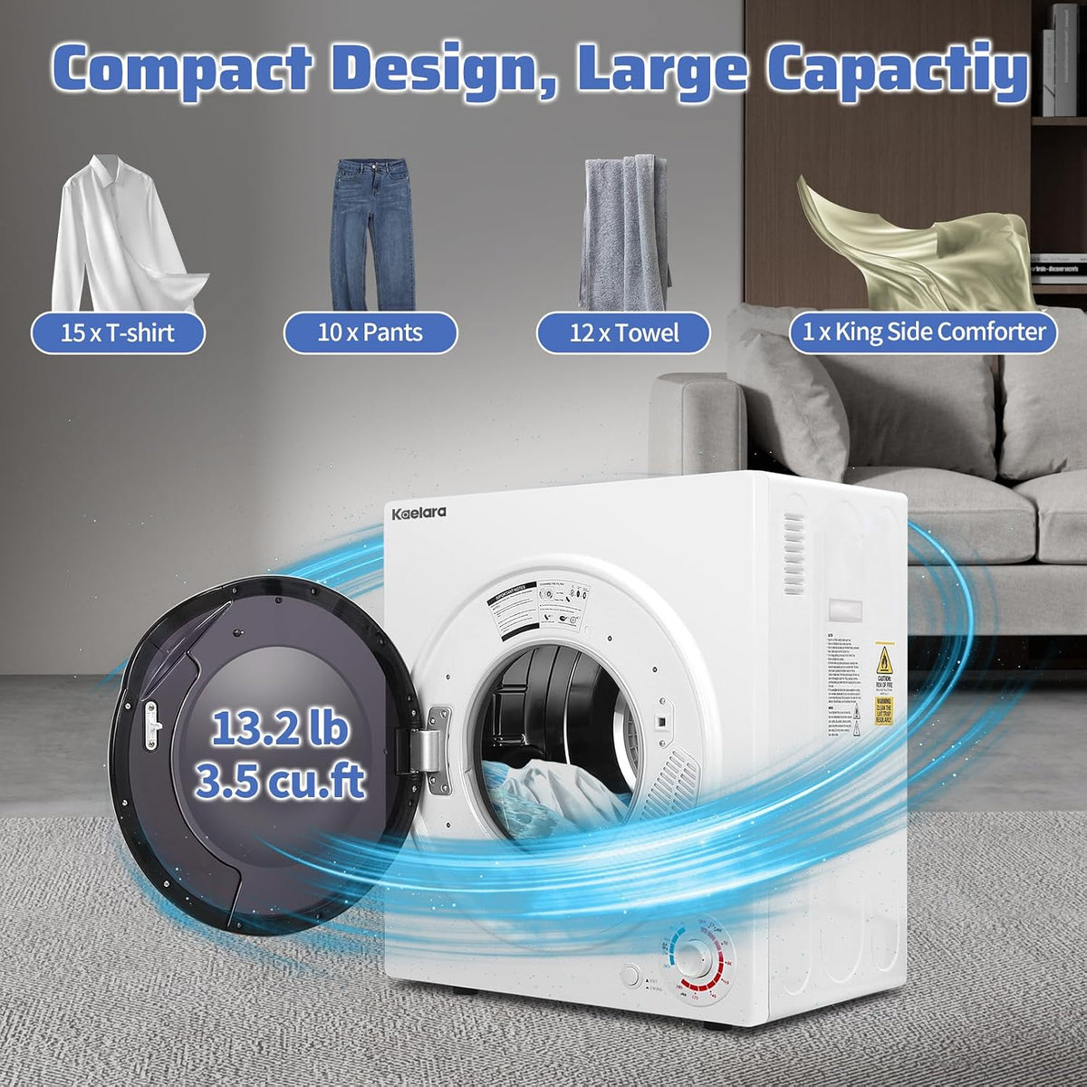 Portable Dryer, 3.5 Cu.ft Portable Dryers for Laundry with Stianless Steel Tub, 1500W Clothes Dryer Machine for Home, Apartment, 4 Dring Mode, Auto-shutt off, White