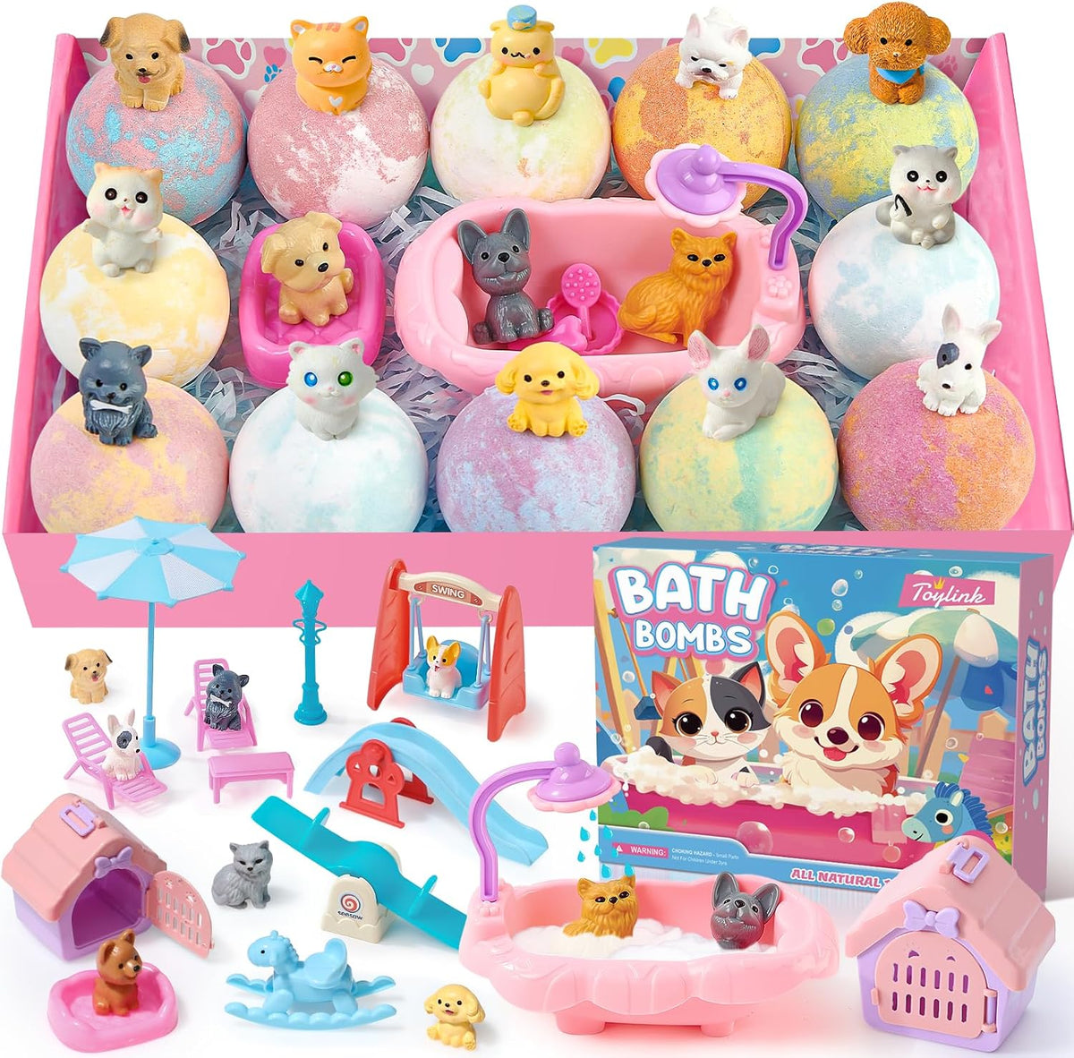 Toylink Bath Bombs for Kids with Surprise Inside for Girls Boys, 12 Pack Kids Bath Bombs with Dog & Cat Toys Pretend Playset Handmade Bubble Bath Fizzies Birthday Christmas Gift Set