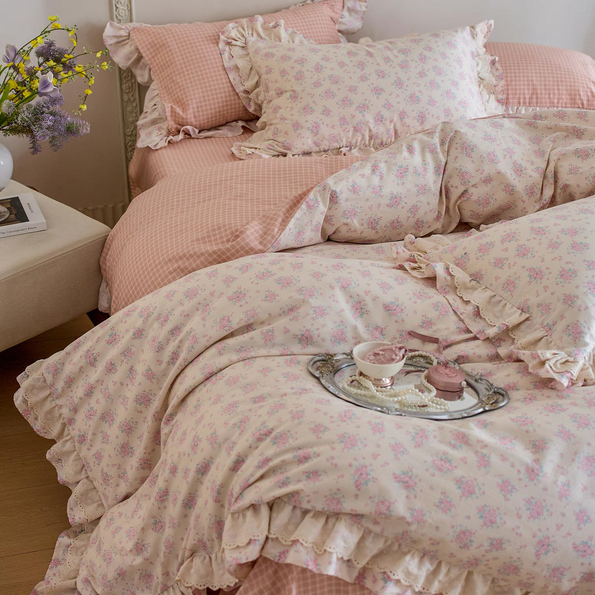 LifeTB Green Floral 100% Jersey Knit Cotton Duvet Cover Queen Vintage Style Botanical Floral Bedding Set Chic Shabby Green Floral Comforter Cover Girl Women Flower Bedding Cover with 2 Pillowcases