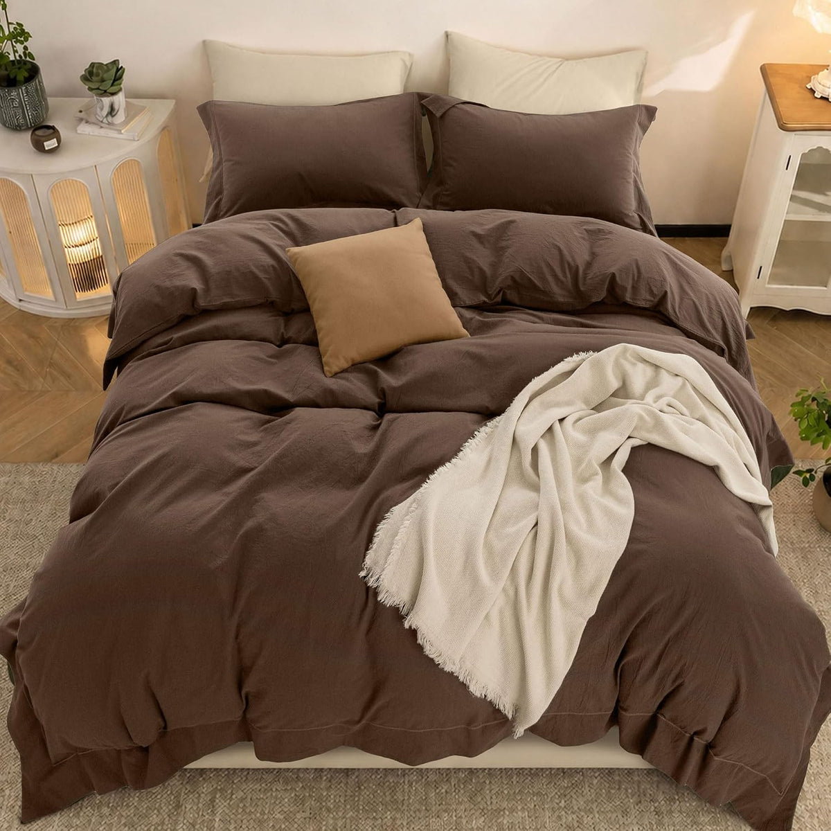 Duvet Cover Set Washed Cotton Embroidered Hem King 3‑Pcs