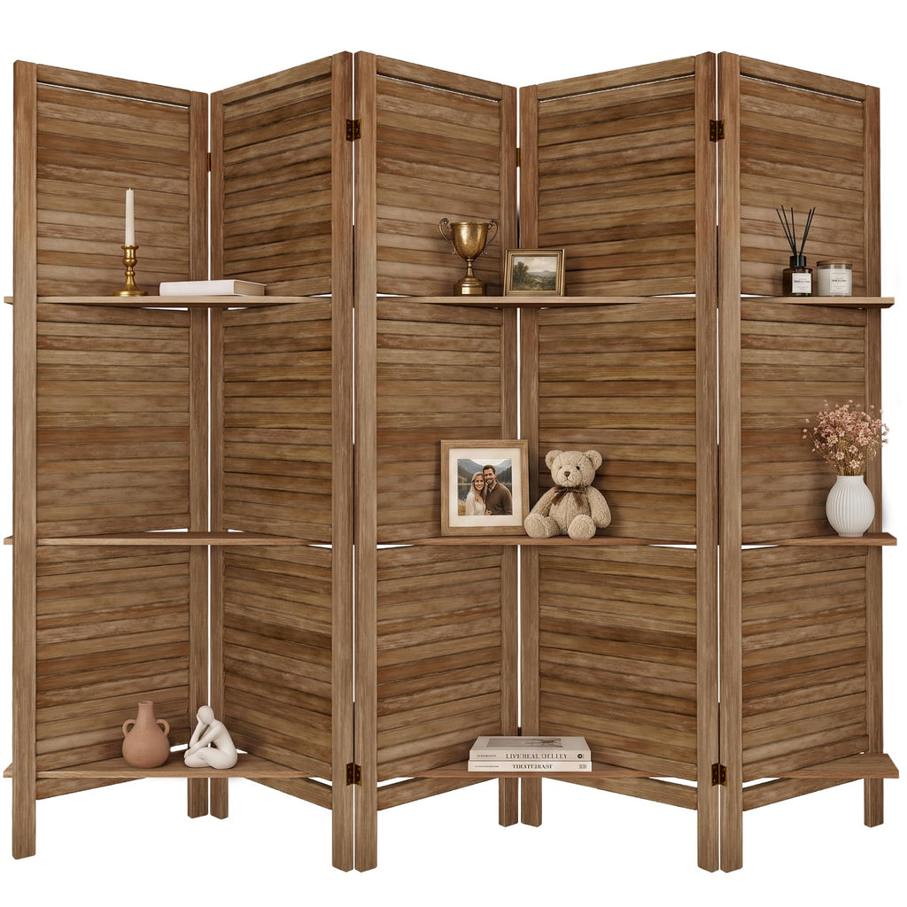 TEAKMAMA Room Divider, Room Divider with Shelves, 4 Panel,Distressed White