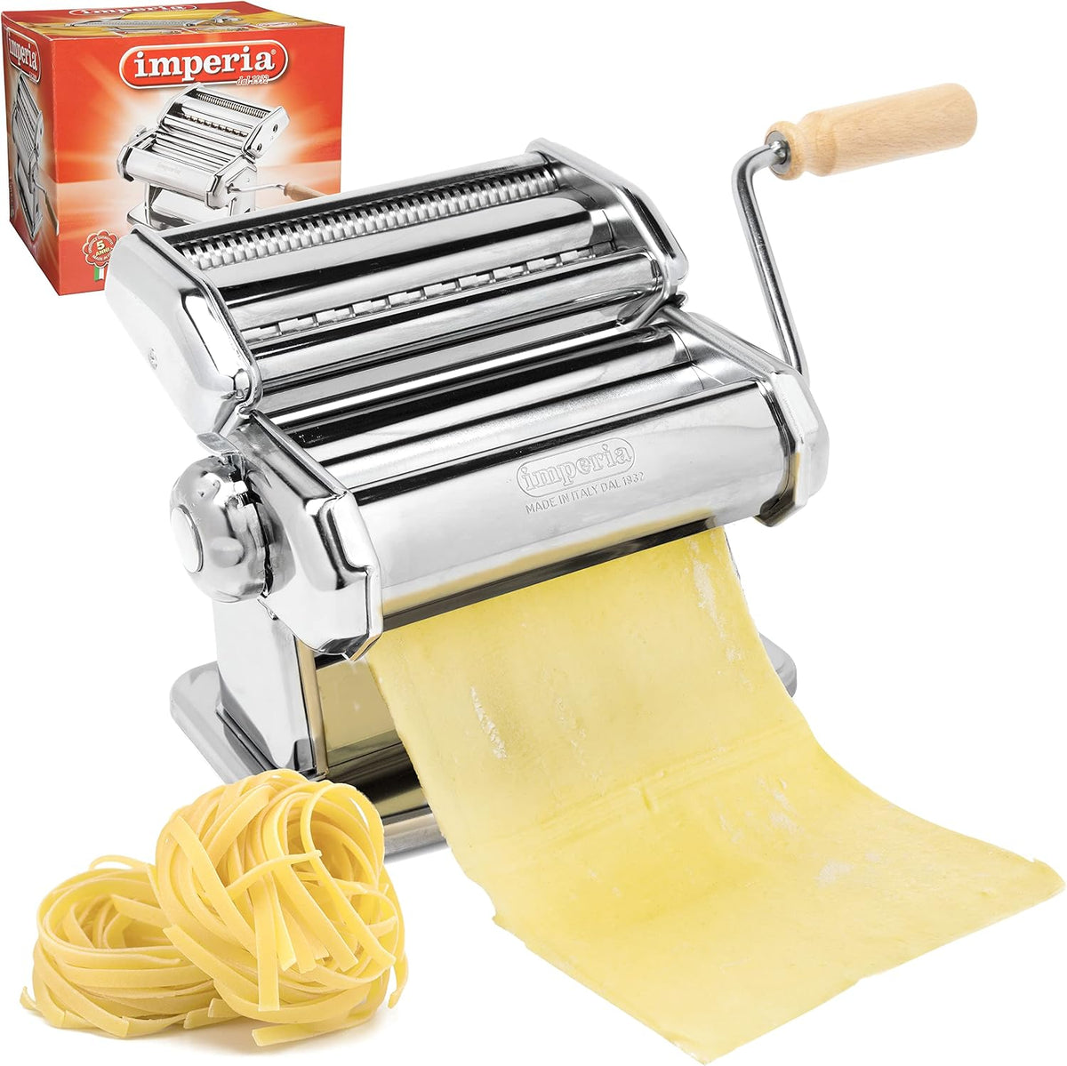 Imperia IPasta Classic Line. Pasta Machine 100% Made in Italy. Fresh pasta machine in steel. Manual roller with crank. Creates dough sheets for Lasagne, Tagliolini, Fettuccine. (End of line)