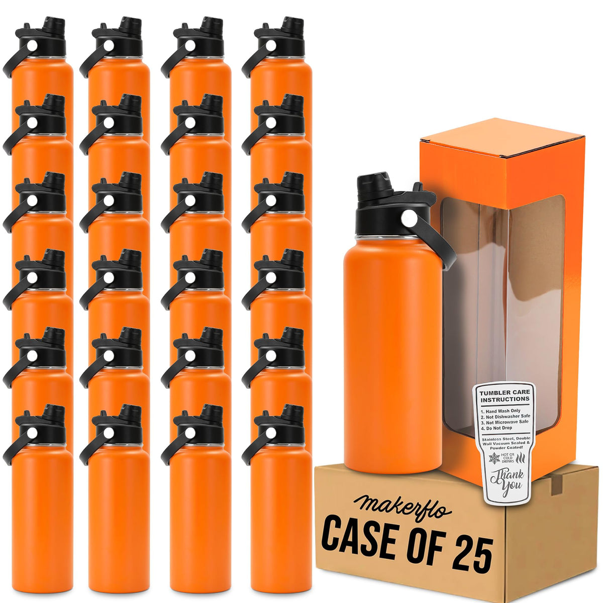 makerflo 32oz Powder Coated Hydro Water Bottle Blanks, Orange, Case of 25
