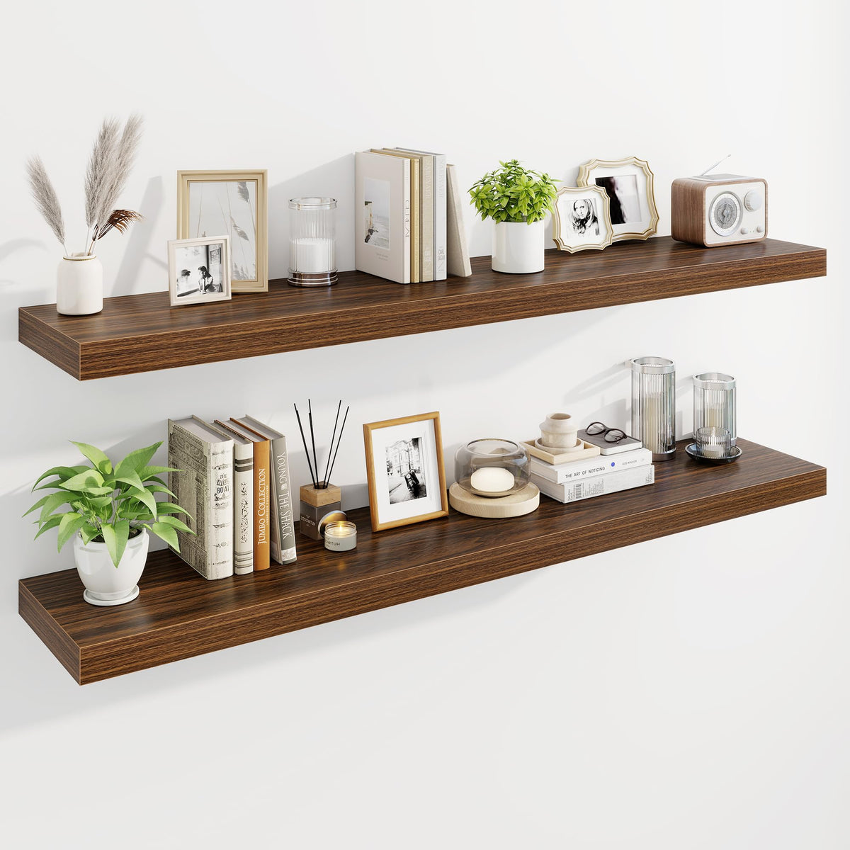 Marsmiles 55" Floating Shelves for Wall, Wooden Shelves with Invisible Brackets Set of 2, Rustic Farmhouse Wall Mounted Shelf for Kitchen Bathroom Living Room Study, White