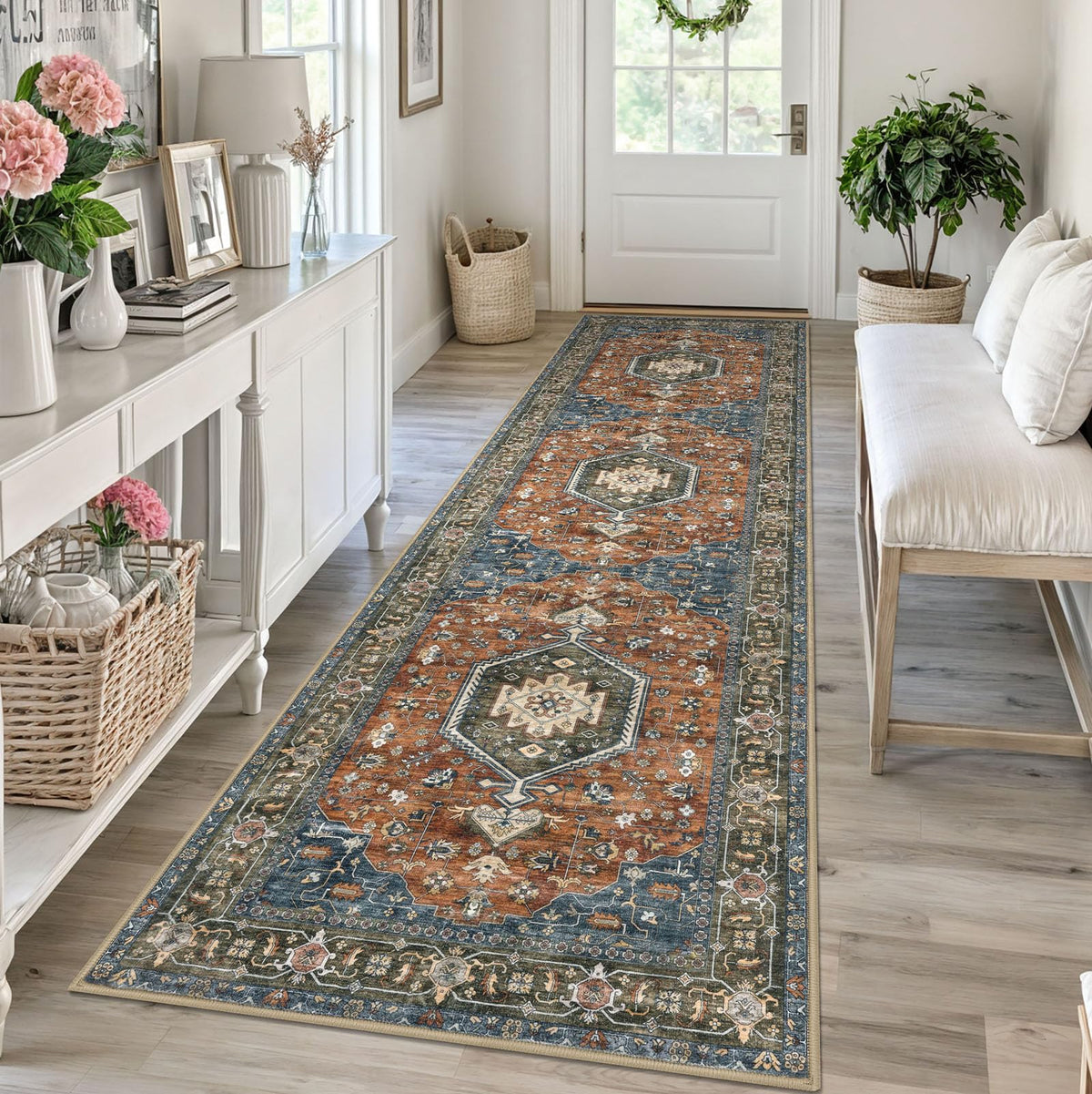 KUTA Vintage Extra Long Runners for Hallways 2.6x18ft Washable Blue White