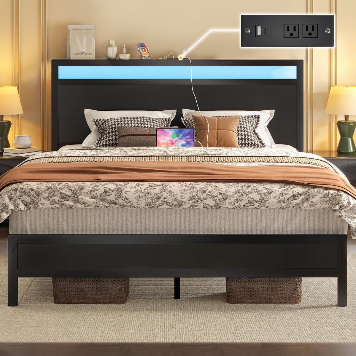 Fluest Queen Bed Frame with Headboard & Footboard, Bed Frame with Built-in Charging Station & LED Light, Storage Shelf, Noise-Free, No Box Spring Needed, Easy Assembly, Classic Black