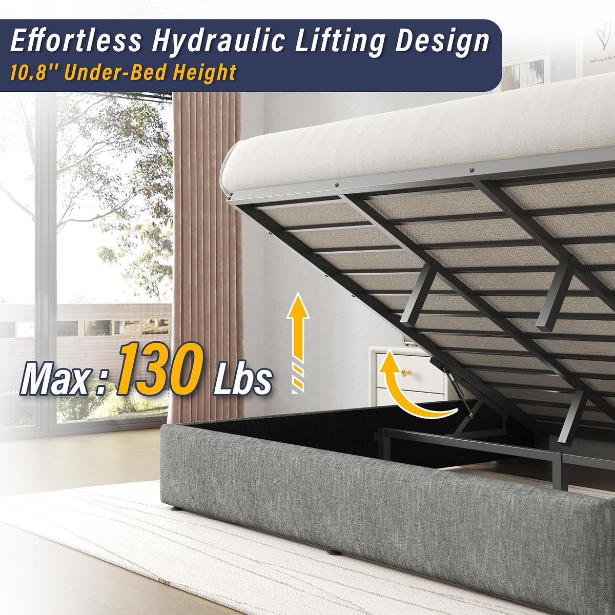 King Bed Frame with Hydraulic Gas Lift Up Storage, Linen Upholstered