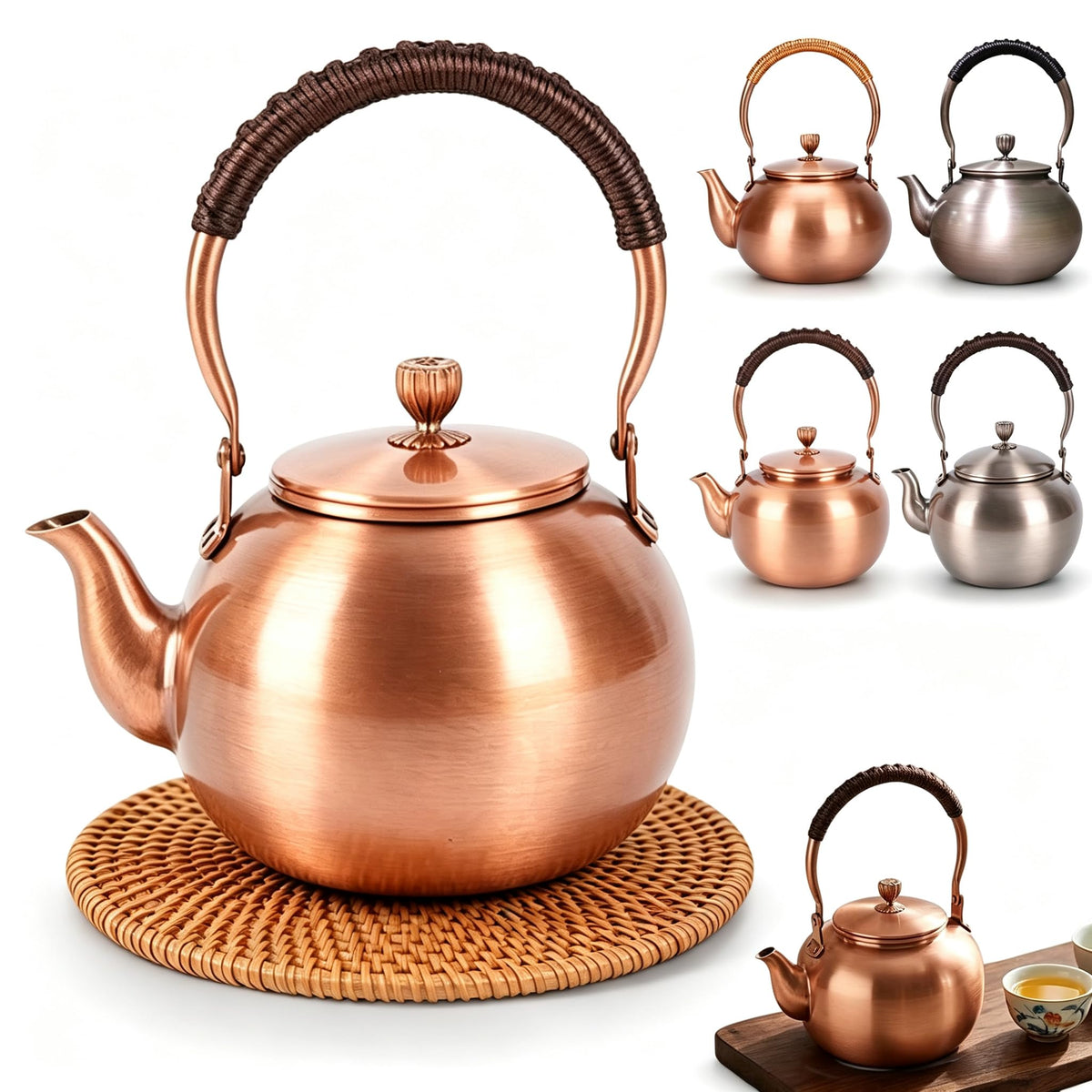 Handmade Copper Kettle 1200ML, Copper Stovetop Tea Kettle, Handmade Solid Copper Teapot with Stay-Cool Grip, Fast Boiling Gas Stove for Tea Ceremony Home Kitchen Use (1.3L-C)