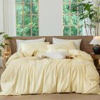 MooMee Striped Duvet Cover Set 100% Washed Cotton Linen Like Queen