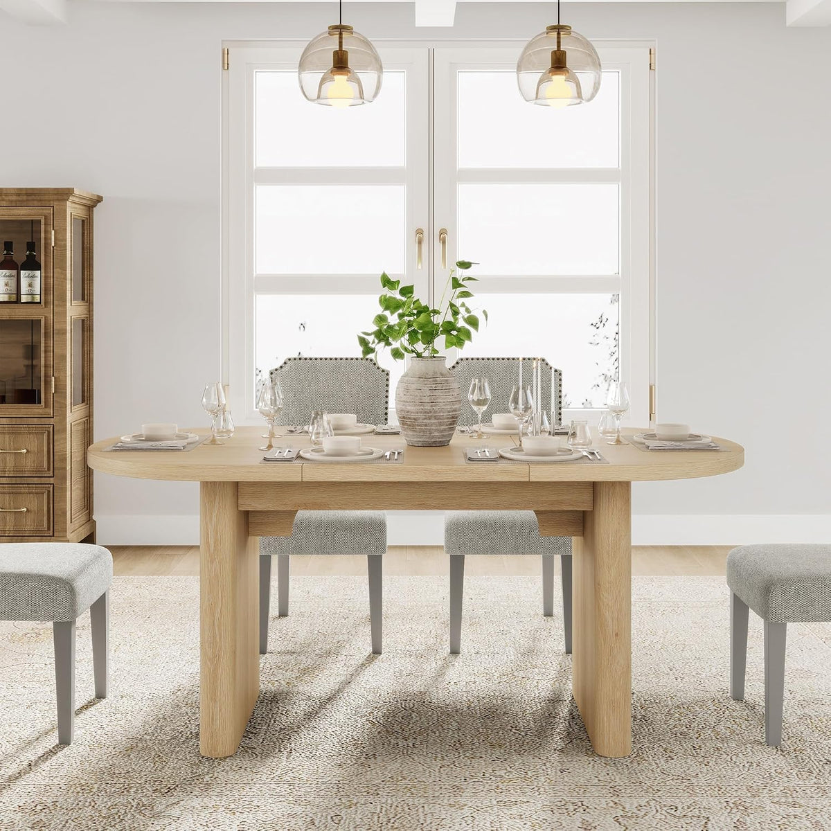 GarveeHome 63" Long Oval Dining Table with Wooden Base for 4-6 People