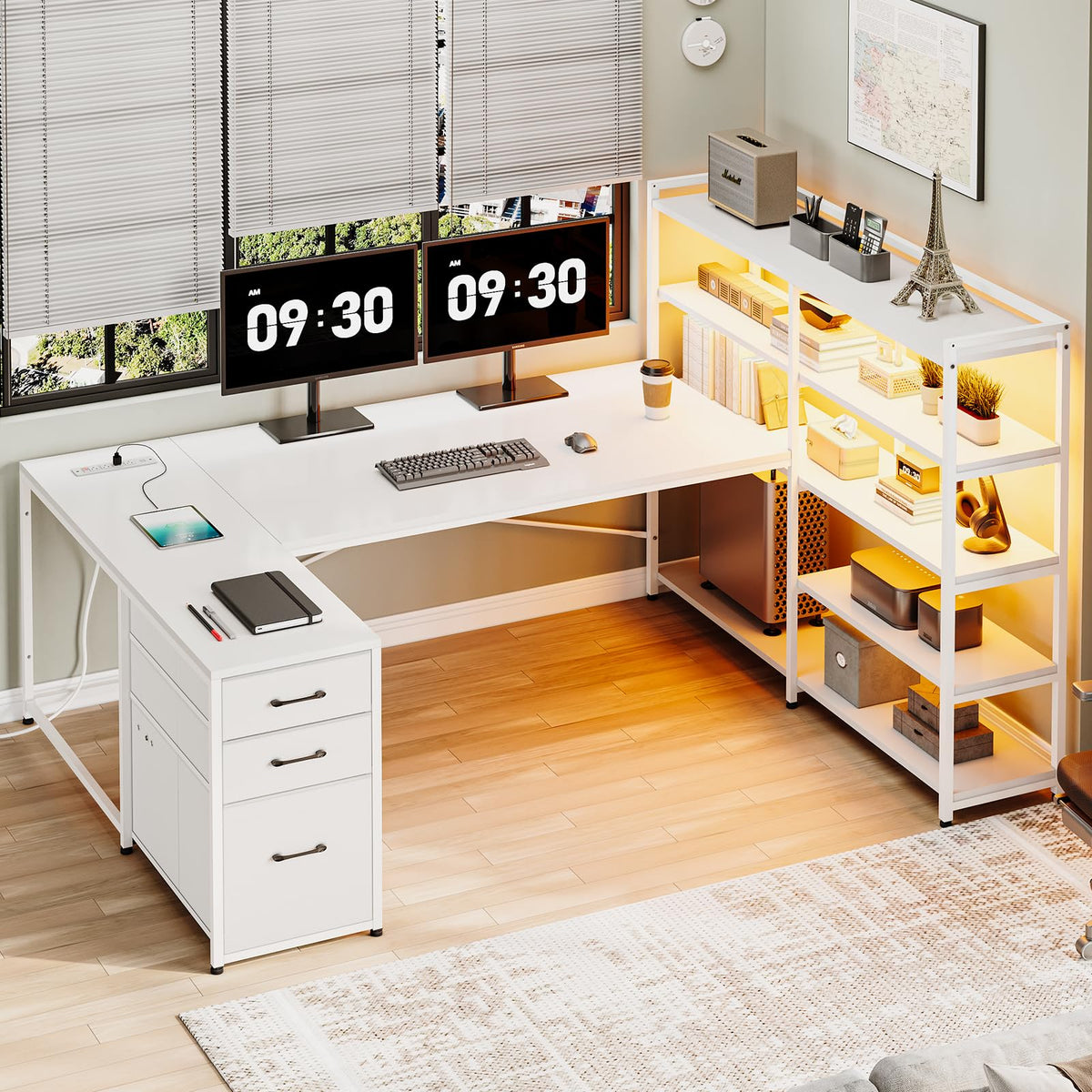 SEDETA 64.5" Reversible L Shaped Gaming Desk with Storage Drawers, Shelves