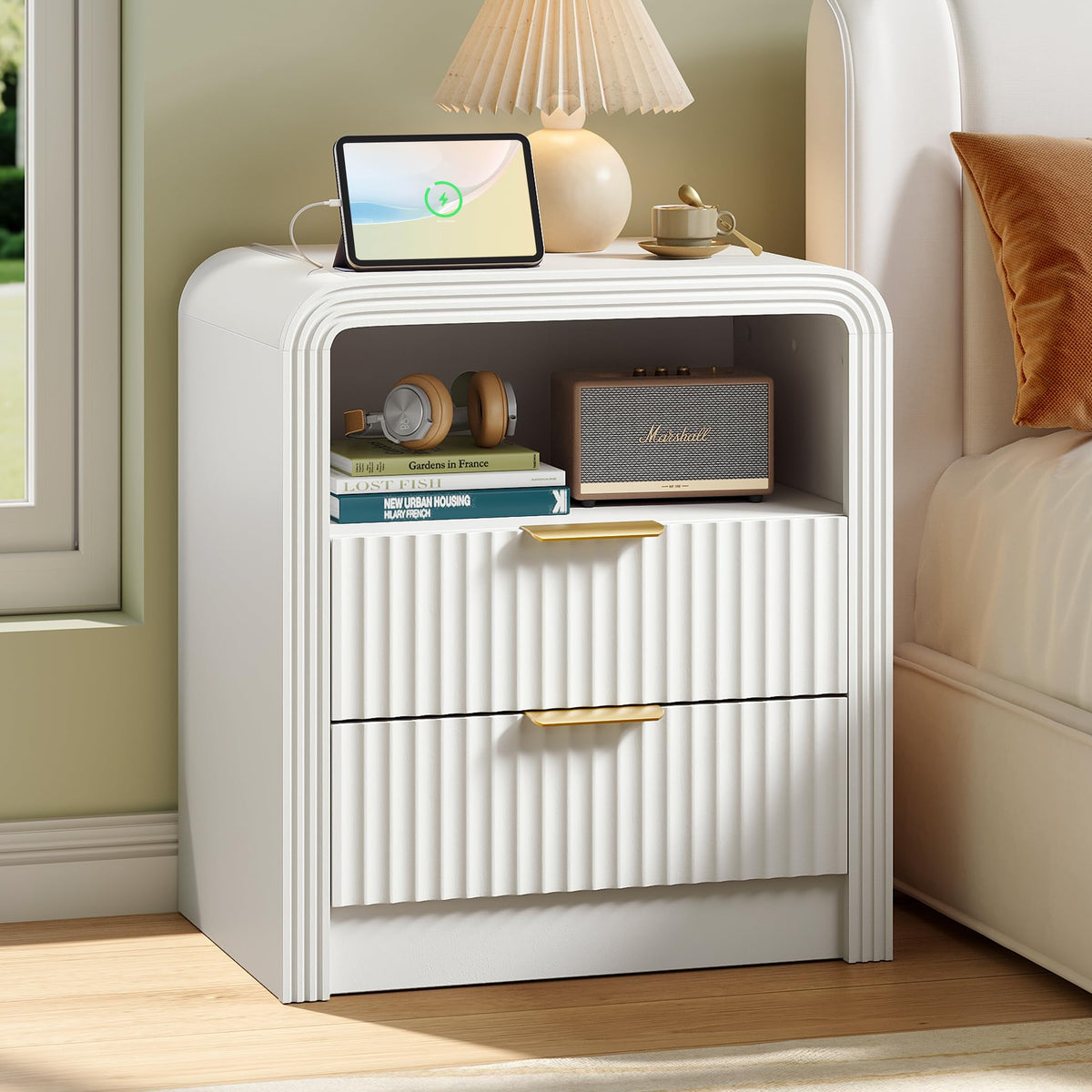 Decofy Fluted Nightstand Set of 2 with Charging Station, 2 Drawers, Oak