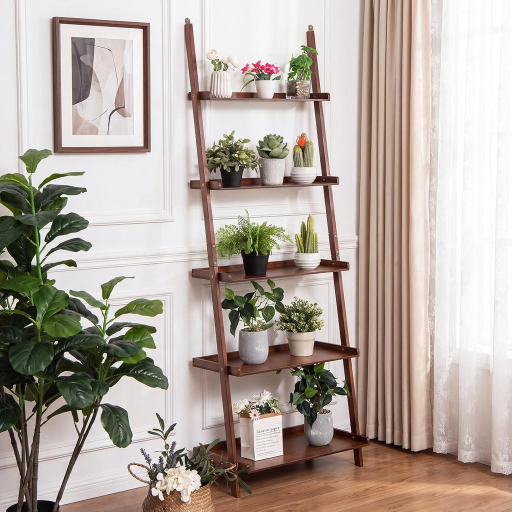 Tangkula 5-Tier Ladder Shelf Bookcase, Bamboo, 72”H, Walnut, 2 Pack