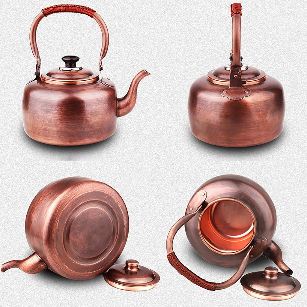 Premium Rustic Copper Tea Kettle for Stove Top, Whistling Kettle Teapot with Ergonomic Handle, Works for All Stovetops