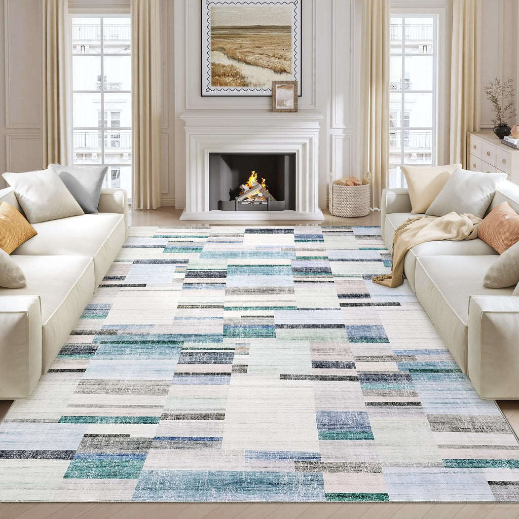 Modern Washable 8x10 Area Rug - Soft, Non-Slip, Stain Resistant, Farmhouse Tartan Plaid for Living Room, Bedroom, Nursery, Office - Beige