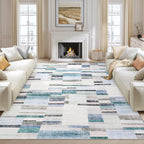 Modern Washable 8x10 Area Rug - Soft, Non-Slip, Stain Resistant, Farmhouse Tartan Plaid for Living Room, Bedroom, Nursery, Office - Beige