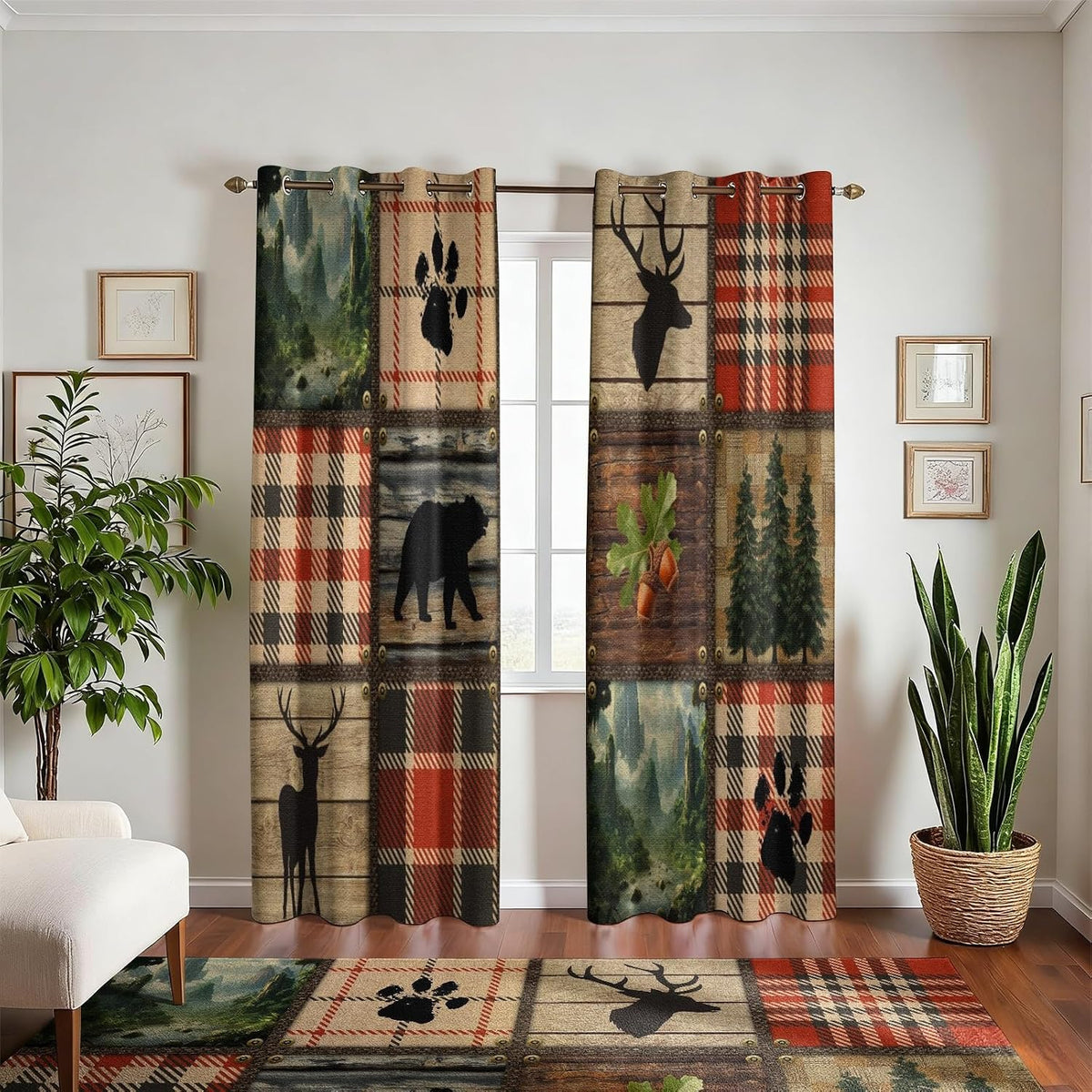 Rustic Farmhouse Cabin Blackout Curtains for Living Room, 96 Inch Long 2 Panels, Woodland Animal Bear Deer Curtains, Retro Country Style Patchwork Plaid Bedroom Window Drapes Treatment