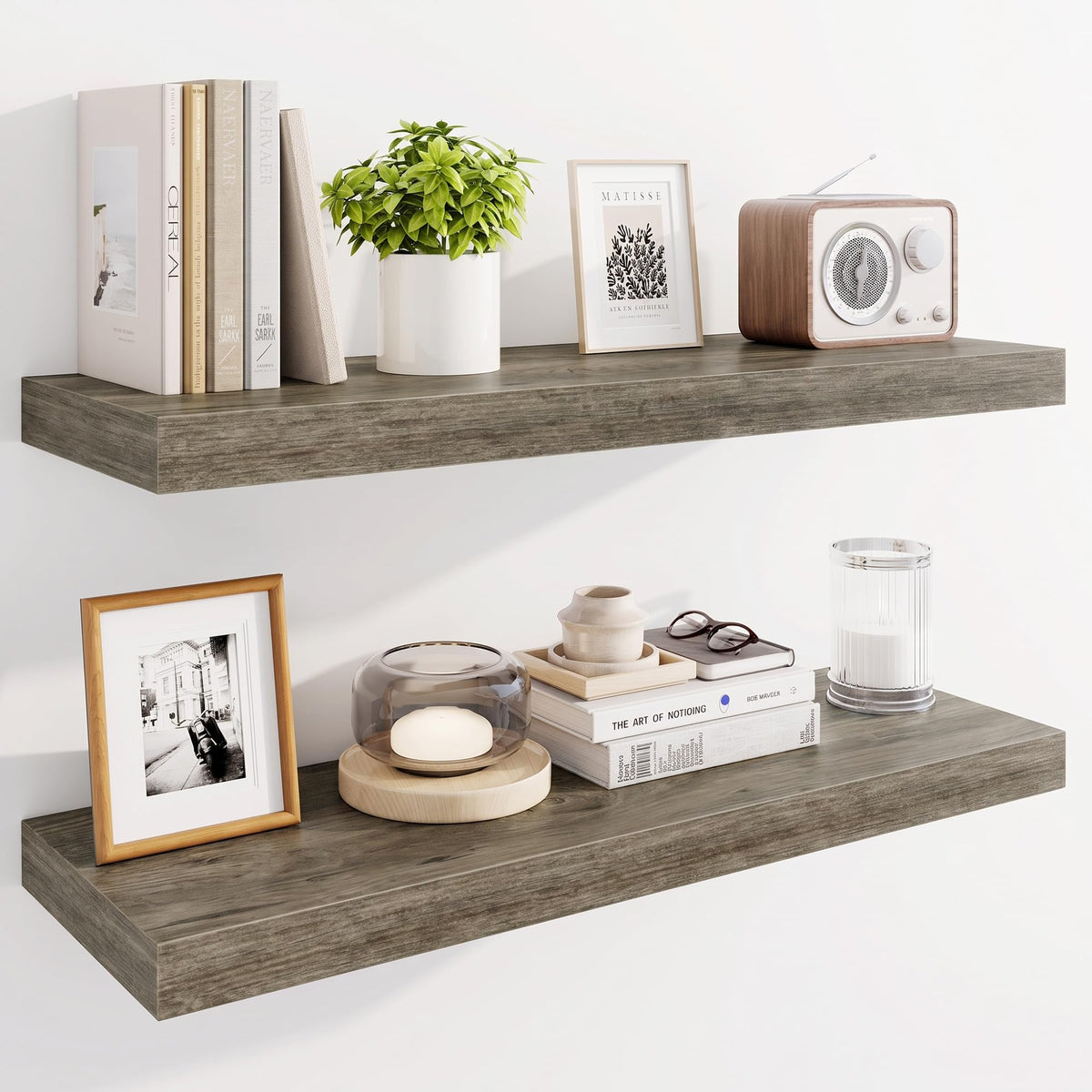 Marsmiles 55" Floating Shelves for Wall, Wooden Shelves with Invisible Brackets Set of 2, Rustic Farmhouse Wall Mounted Shelf for Kitchen Bathroom Living Room Study, White