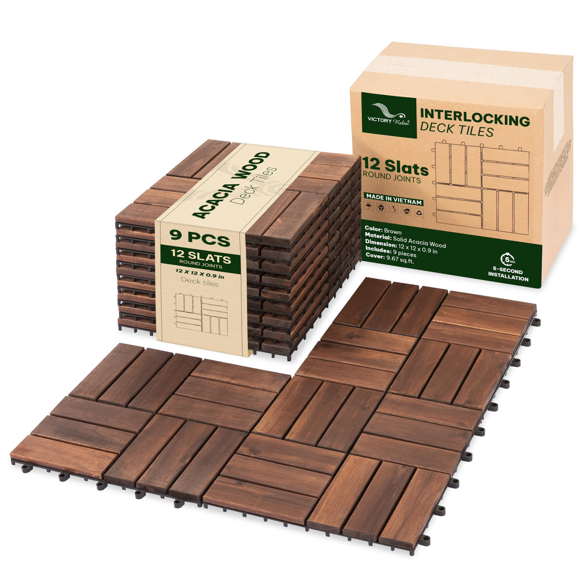 VICTORY RELAX Natural Acacia 12x12 Interlocking Wood Deck Tiles for Balcony, Garden, Patio, Poolside Decor - Waterproof Indoor & Outdoor Flooring - 12 Slats, Round Joints, Pack of 27, Natural Color