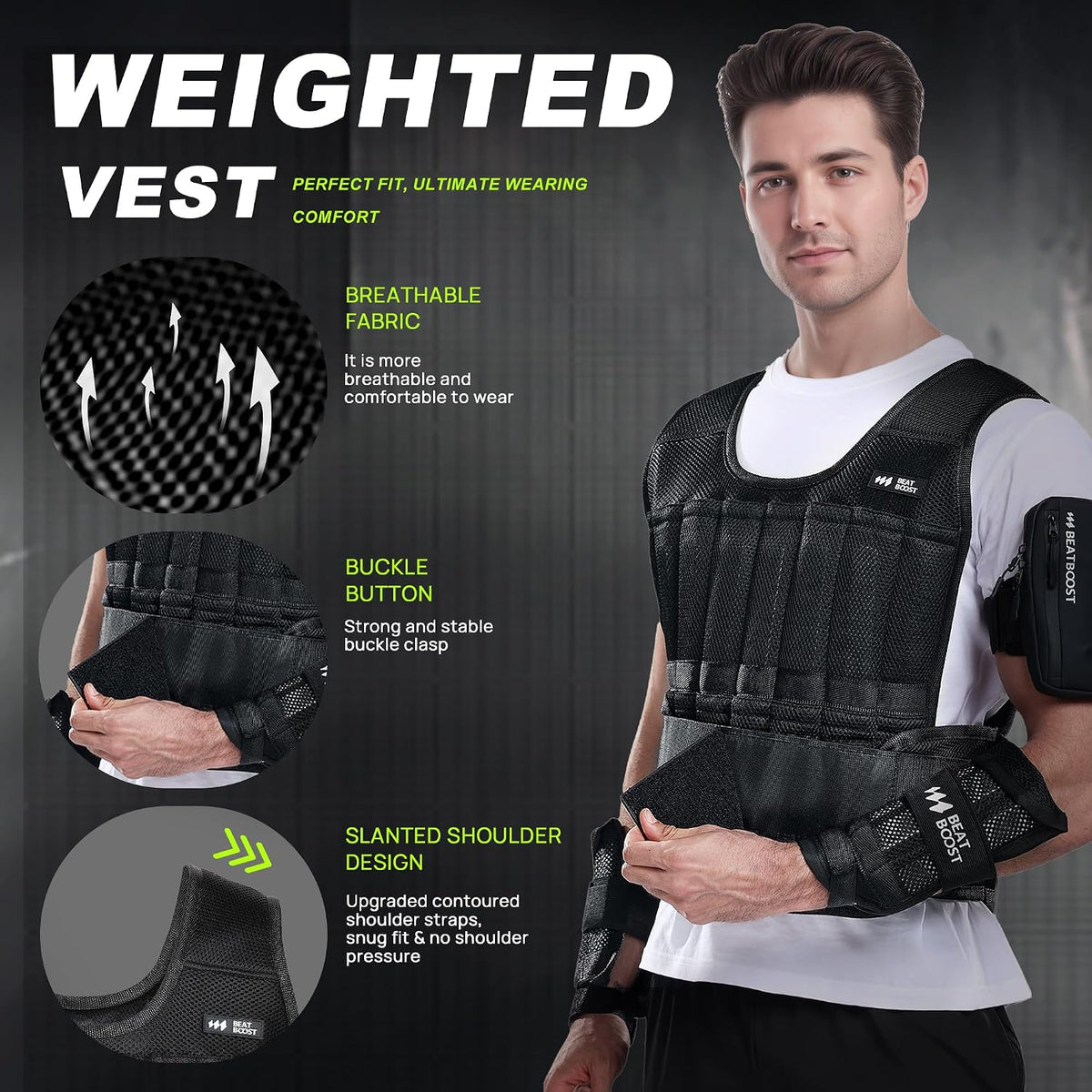 BeatBoost Weighted Vest Men 20lb/30lb/40lb/50lb/60lb Adjustable Weight Vest with Steel Plates Weight for Running Workout