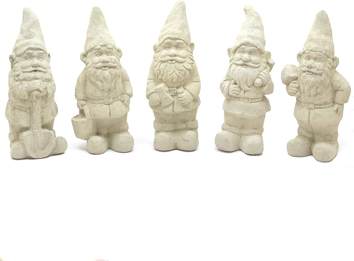 Vintage Garden Gnomes (Set/5): Durable Solid Stone Statues with Aged Texture. Sealed for Outdoor Use. Handcrafted USA. (Classic/Whitish)