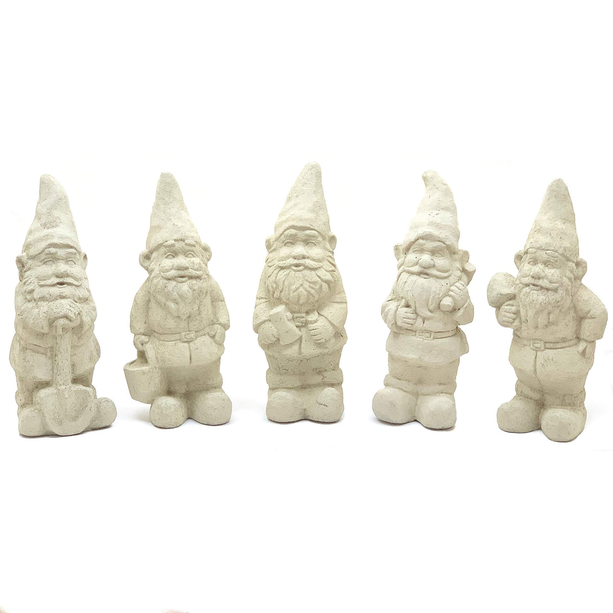 Vintage Garden Gnomes (Set/5): Solid Durable Stone Statue with Aged Texture. Sealed for Outdoor Use. Handcrafted USA. (Antique/Gray)