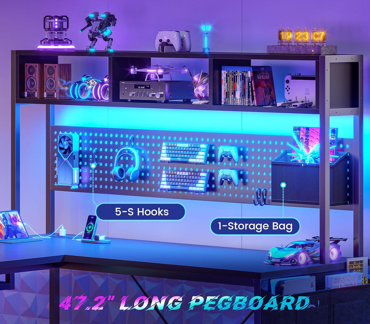 SEDETA 67" L Shaped Gaming Desk with Pegboard LED Lights and Power Outlet