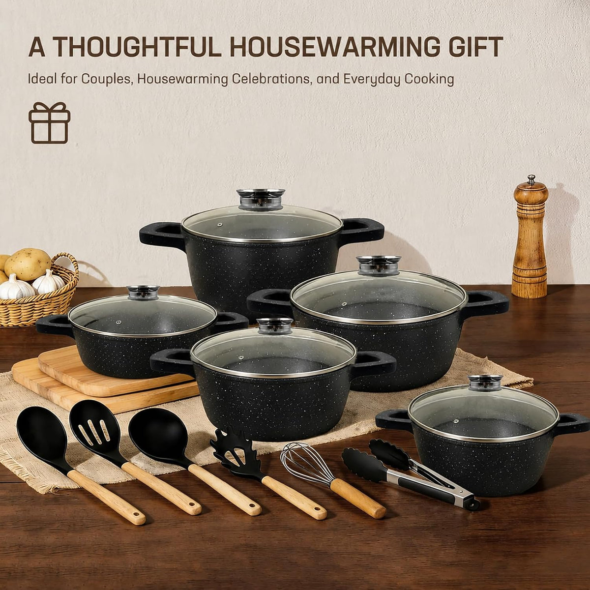16PCS Nonstick Pots and Pans Set, Premium Nonstick Cookware with Lids and Utensils, 2.4QT to 8.8QT Casseroles, Healthy Kitchen Cookware Set, Dishwasher Safe, Induction Compatible, Black