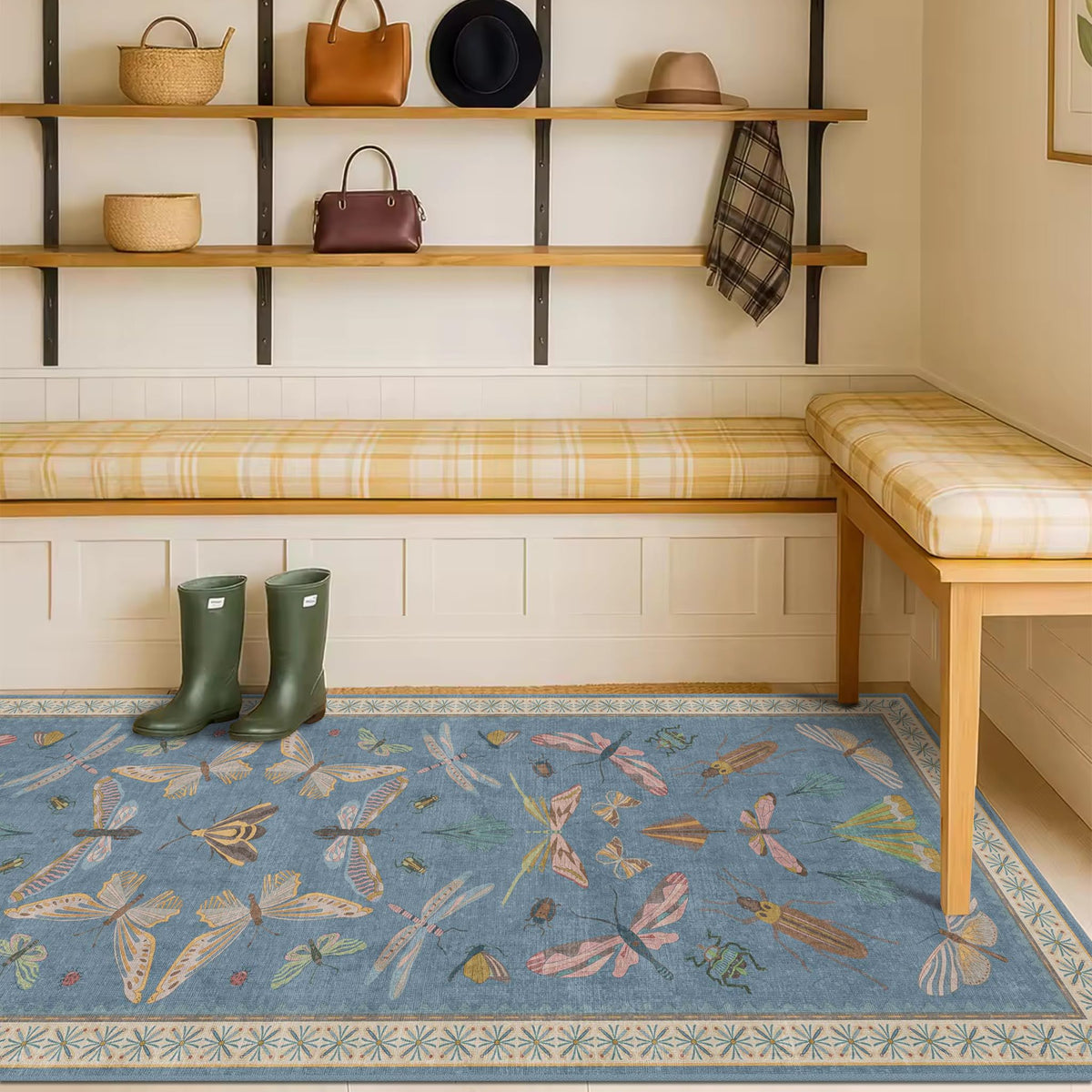 Hazo Haus Dark Green Insect Area Rugs 8x10 for Living Room, Dining Room Under Table, Bedroom, Unique Washable Floral Non Slip Low Pile Soft Rug